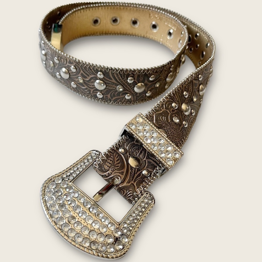KATHY Van Zeeland Studded Belt Y2K Glam Cowgirl Western Rhinestones Leather S